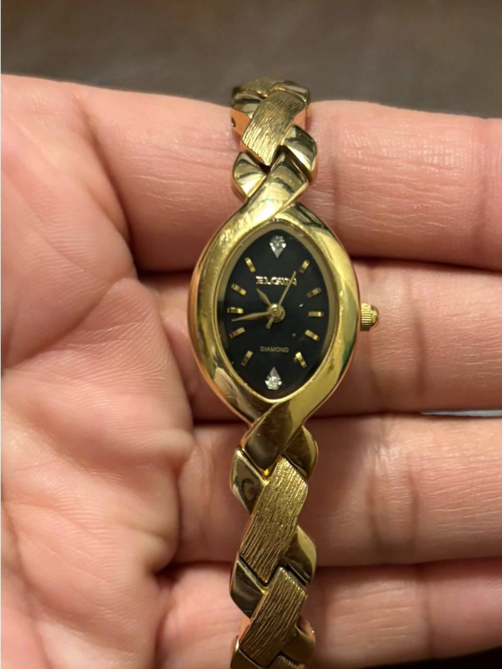 Elgin Women's Gold-Tone Bracelet Watch with Black Dial and Diamond Accents